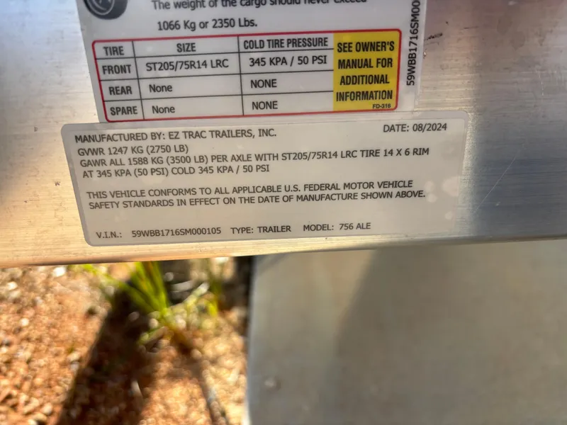 Slide: The Image of Edge Duck Boats 2025 model 756DB trailer label with specifications and safety standards. - 34