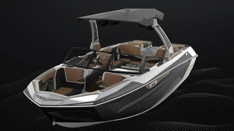 Slide: The Image of 2025 Tigé 23ZX Ultre' boat with sleek design and luxurious interior on a dark background. - 5