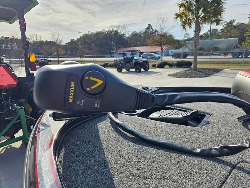 Slide: The Image of Trolling motor on Nitro Z18 boat, 2025 model, parked outdoors. - 10