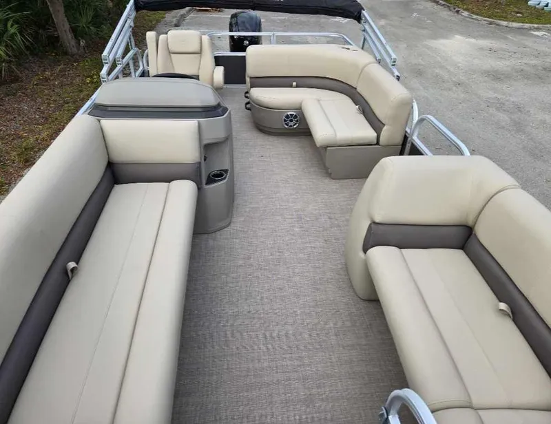 Slide: The Image of 2025 Sun Tracker Party Barge 18 DLX with spacious seating and modern design. - 9
