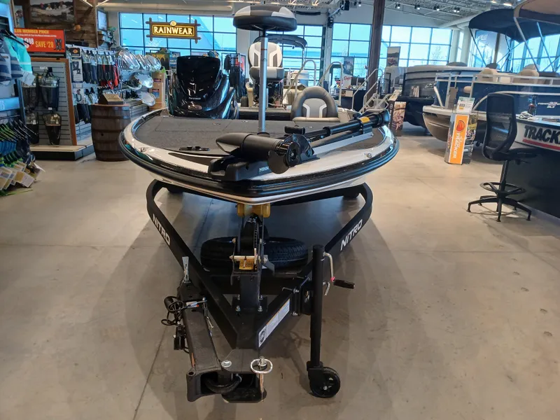 Slide: The Image of 2025 Nitro Z17 boat displayed in a showroom, featuring modern design and equipment. - 8