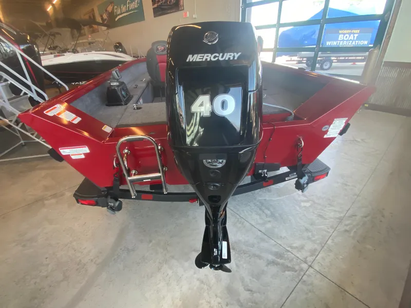 Slide: The Image of 2025 Ranger VS1665T boat with Mercury 40 outboard motor, red exterior. - 3