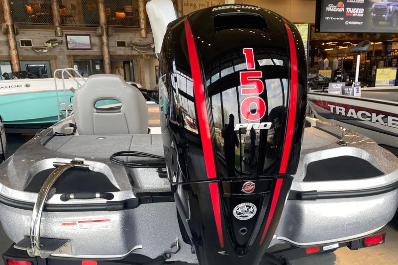 Slide: The Image of 2025 Nitro Z18 boat with Mercury 150 Pro outboard motor in showroom. - 5