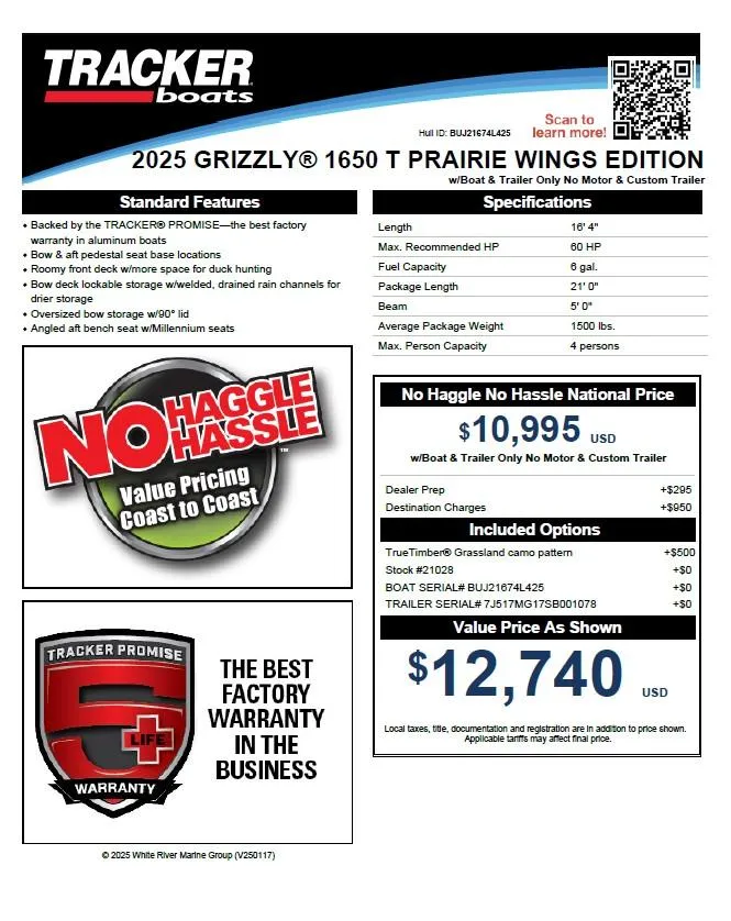 Slide: The Image of 2025 Tracker Grizzly 1650 T Prairie Wings Edition boat features and pricing details. - 15
