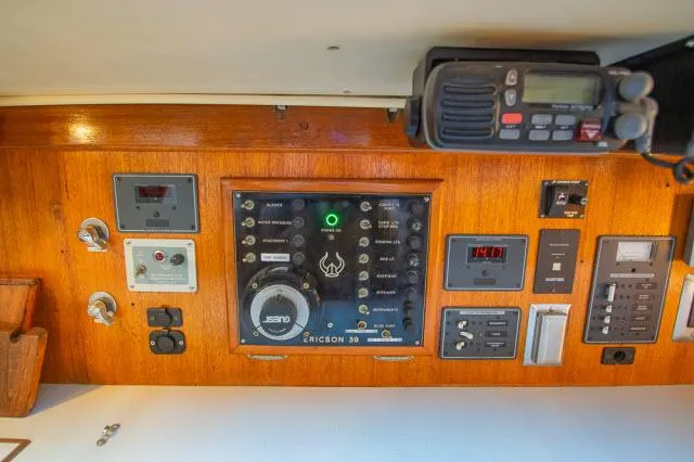 Slide: The Image of Control panel of a 1971 Ericson 39 Flush Deck sailboat with various instruments. - 39
