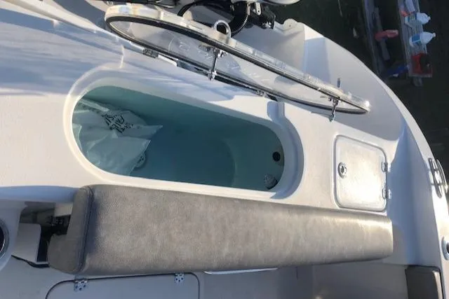 Slide: The Image of 2021 Sea Pro 259 DLX boat interior with open storage compartment and cushioned seating. - 11