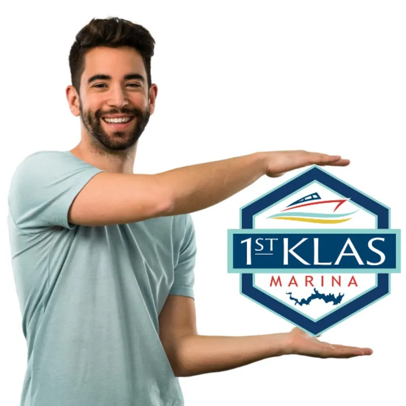 Slide: The Image of Man presenting 1st Klas Marina logo, smiling, wearing a light blue shirt. - 25