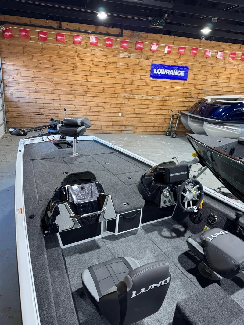 Slide: The Image of Lund 1975 Renegade SS boat interior with modern dashboard and seating, displayed indoors. - 7