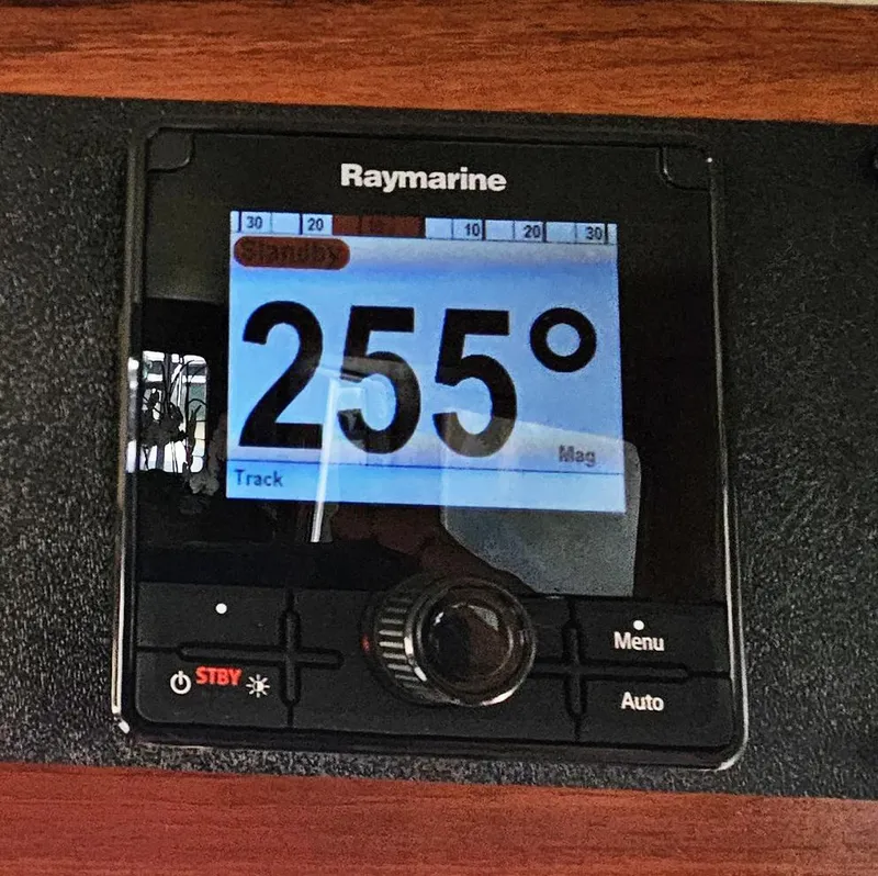 Slide: The Image of Raymarine navigation display showing 255 degrees on Ocean Alexander 43, 1983 model. - 23