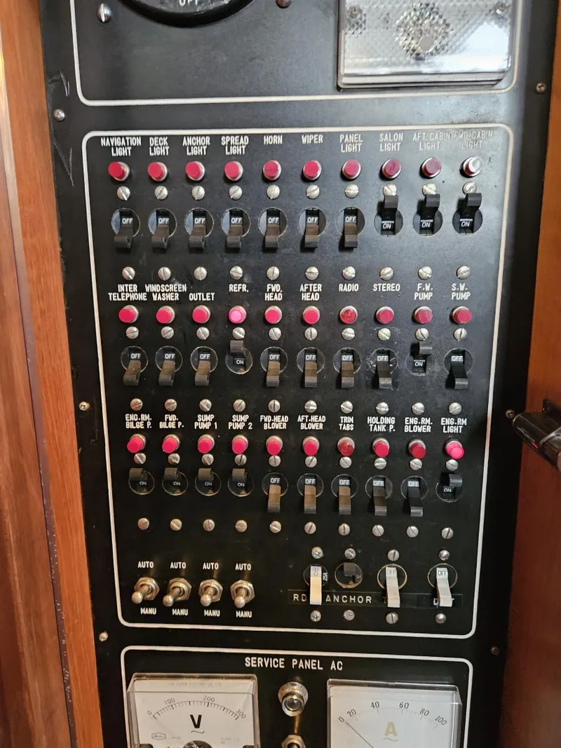 Slide: The Image of Control panel of a 1983 Ocean Alexander 43 yacht with various switches and indicators. - 31
