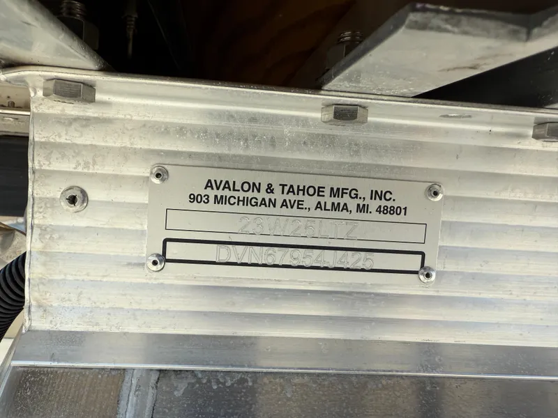 Slide: The Image of 2025 Tahoe Pontoon LTZ Quad Lounger manufacturer plate, Avalon & Tahoe MFG, Alma, MI. - 21