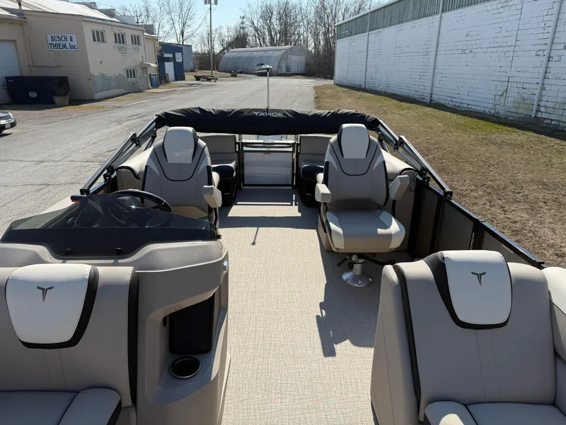 Slide: The Image of 2025 Tahoe Pontoon LTZ Quad Lounger with luxurious seating and modern design. - 4