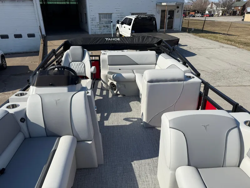 Slide: The Image of 2025 Tahoe Pontoon Sport 85 Cruise Rear Bench with luxurious seating and modern design. - 3