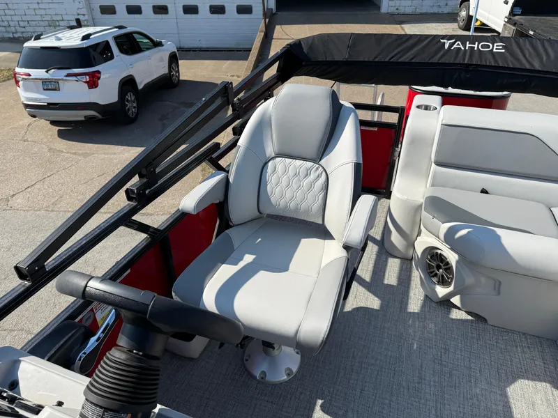 Slide: The Image of 2025 Tahoe Pontoon Sport 85 Cruise Rear Bench interior with plush seating and modern design. - 4