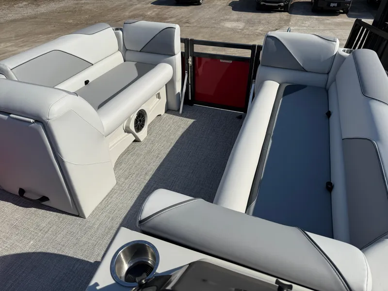 Slide: The Image of 2025 Tahoe Pontoon Sport 85 Cruise Rear Bench with spacious seating and modern design. - 6
