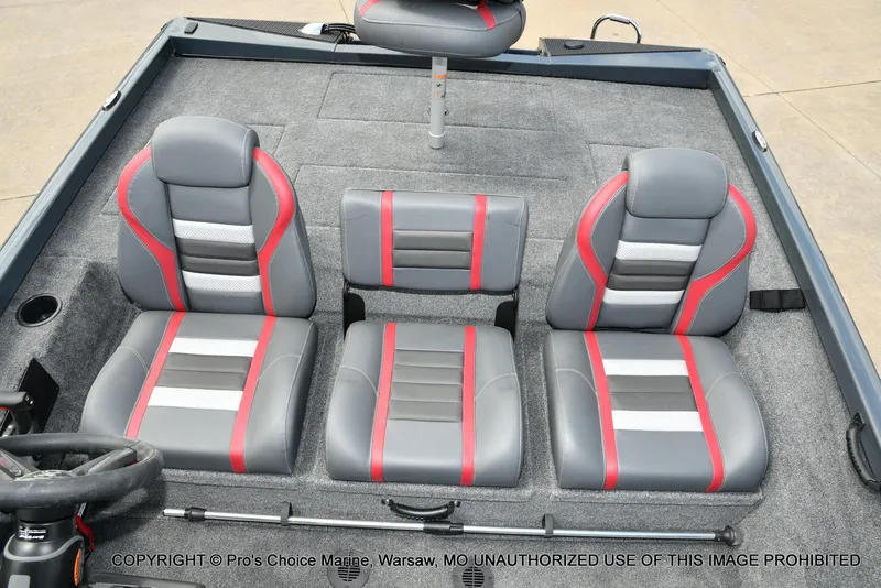 Slide: The Image of 2024 Ranger RT188P boat interior with gray and red seating. - 48