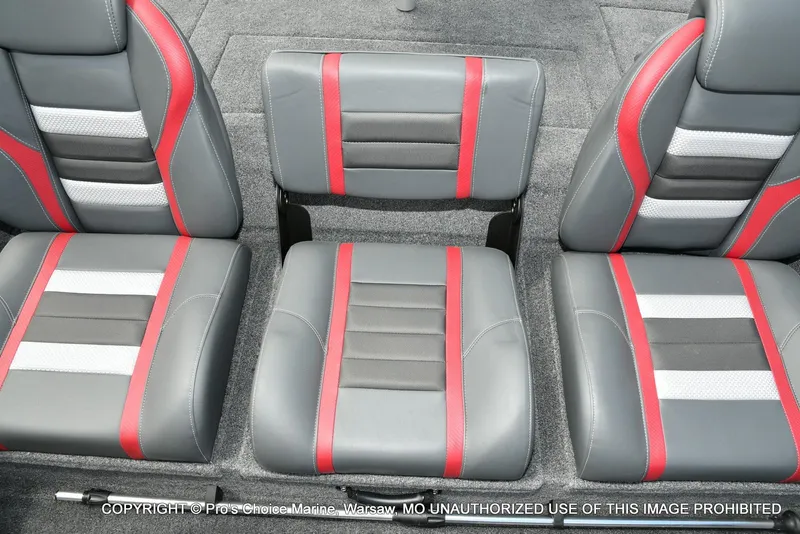 Slide: The Image of 2024 Ranger RT188P boat seats with red, gray, and white accents. - 49