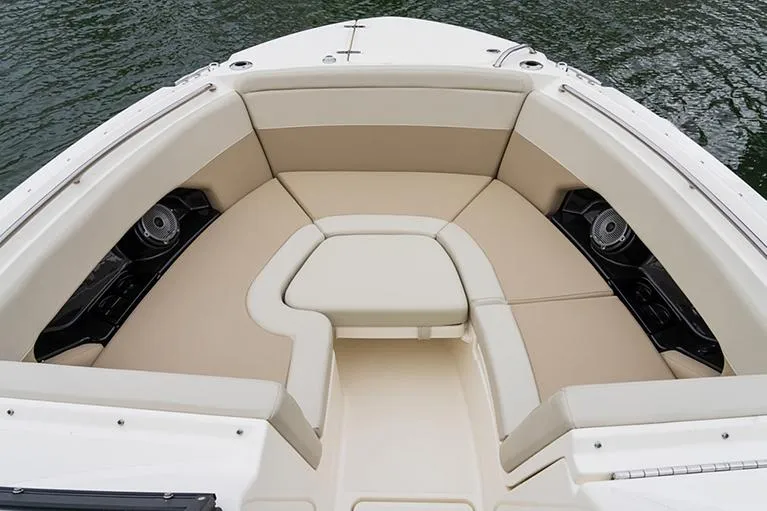 Slide: The Image of 2025 Boston Whaler 240 Vantage boat roof detail in showroom setting. - 11