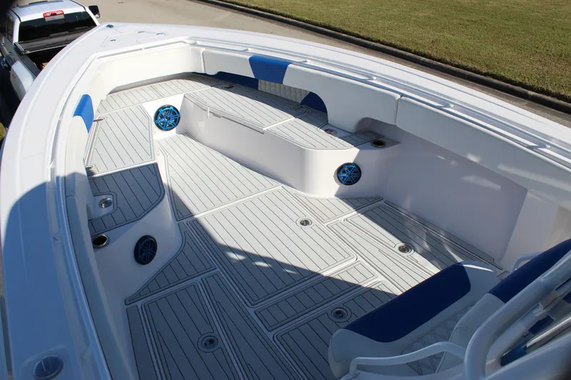 Slide: The Image of 2018 Fountain 38 CC boat interior with spacious seating and modern design. - 39