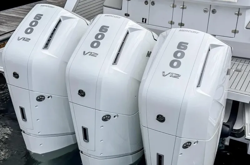 Slide: The Image of 2025 Cruisers Yachts 50 GLS with triple Mercury 600 V12 outboard engines. - 10