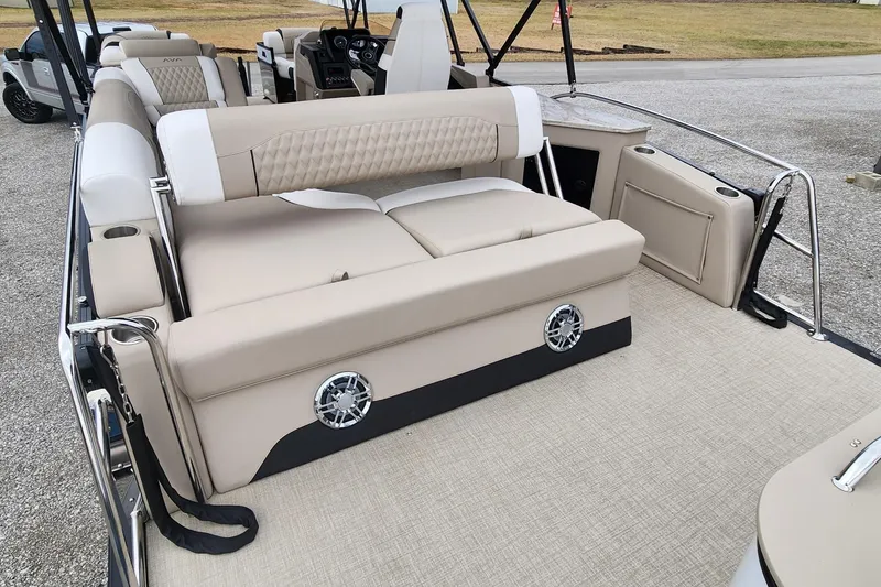 Slide: The Image of 2025 Avalon Platinum Catalina 2585 Cruise Rear Bench with beige seating and modern design. - 12