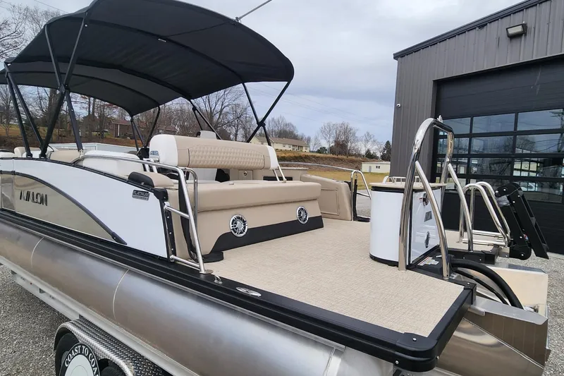 Slide: The Image of 2025 Avalon Platinum Catalina 2585 Cruise Rear Bench pontoon boat with canopy and rear seating. - 13