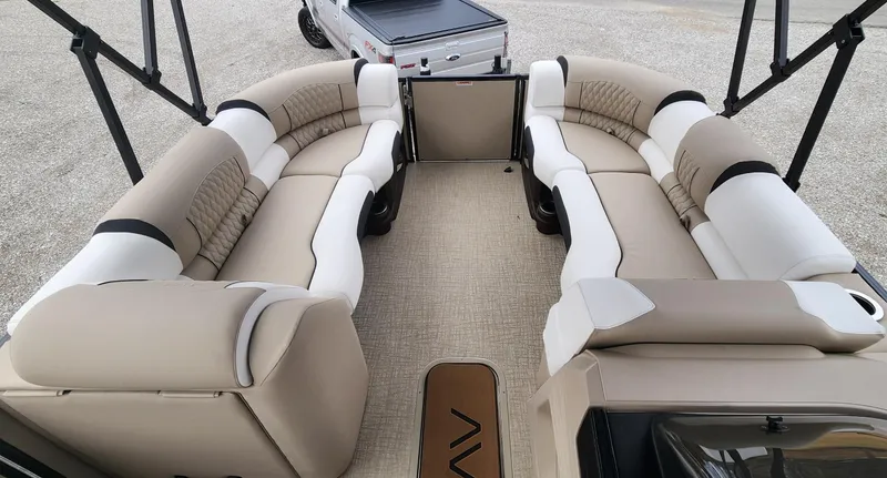 Slide: The Image of 2025 Avalon Platinum Catalina 2585 Cruise Rear Bench with luxurious seating and spacious layout. - 5