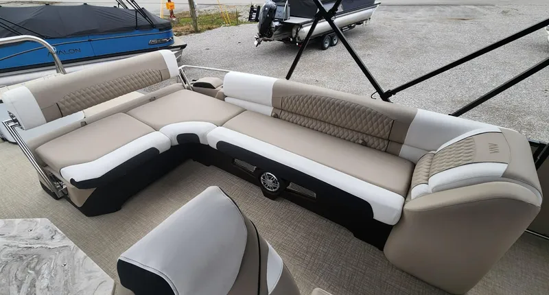 Slide: The Image of 2025 Avalon Platinum Catalina 2585 Cruise Rear Bench with luxurious seating and modern design. - 8