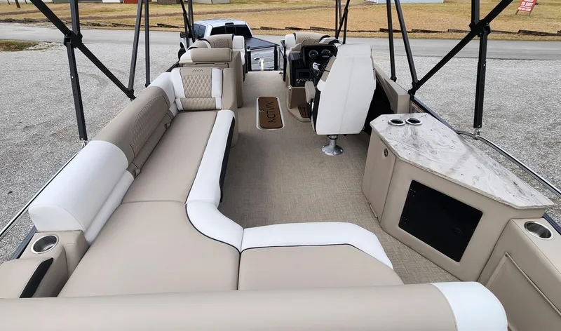 Slide: The Image of Luxurious interior of 2025 Avalon Platinum Catalina 2585 Cruise Rear Bench pontoon boat. - 9