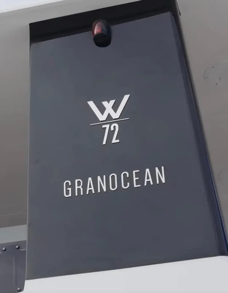 Slide: The Image of Granocean W 72 logo on a sleek 2025 model yacht exterior. - 3