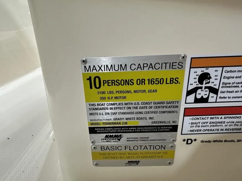 Slide: The Image of Grady-White Fisherman 236 capacity plate, 2025 model, 10 persons or 1650 lbs limit. - 12