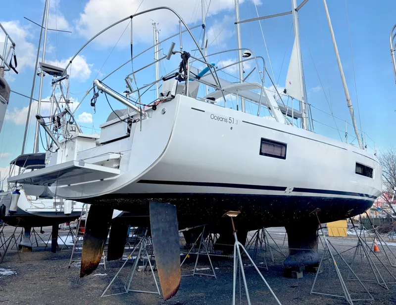 Slide: The Image of 2022 Beneteau Oceanis 51.1 sailboat on stands, ready for maintenance. - 15