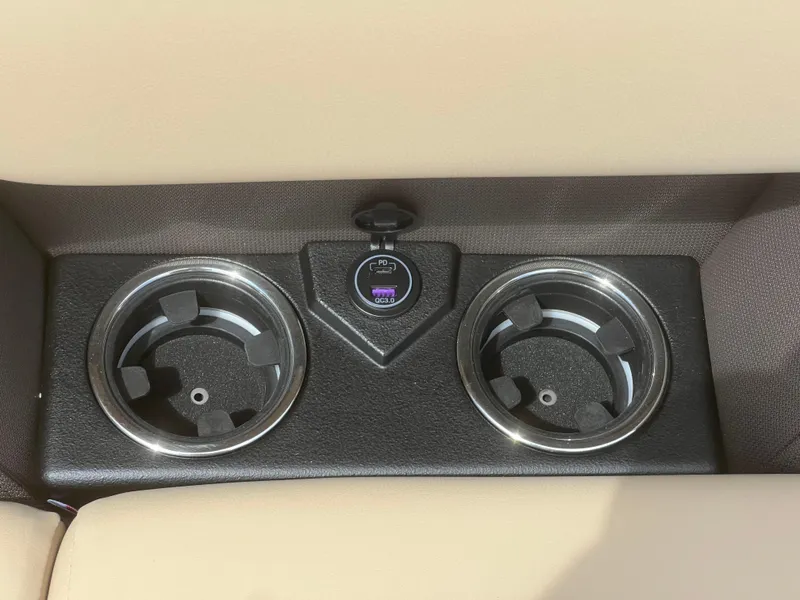 Slide: The Image of 2024 Harris Sunliner 230 cup holders with USB charging port. - 9