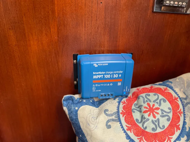 Slide: The Image of Blue solar charge controller on Gulfstar 45 Hirsch Center Cockpit, 1985, wooden interior. - 39