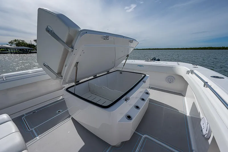 Slide: The Image of 2019 Invincible 37 Catamaran with open storage compartment on deck, near water. - 7