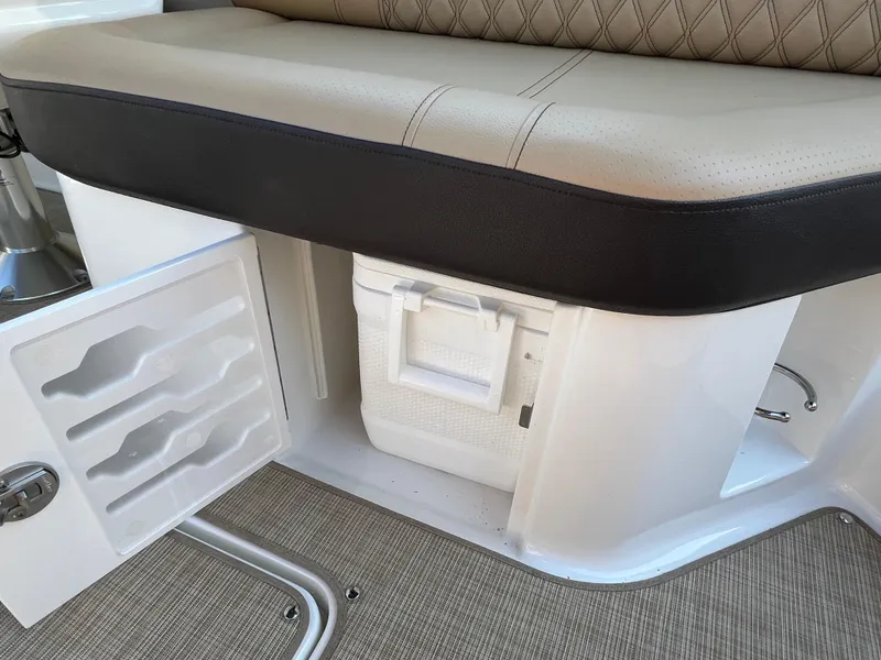 Slide: The Image of 2022 Sea Ray SLX 250 boat interior with storage compartment and cooler. - 34