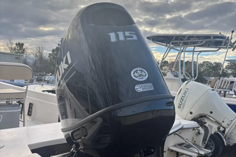 Slide: The Image of 2024 Carolina Skiff E21 DLX CC with Suzuki 115 outboard motor under cloudy sky. - 3