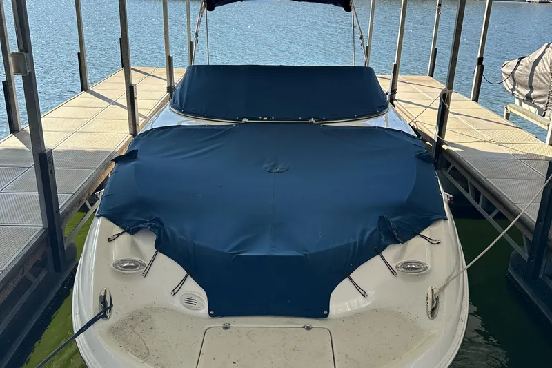 Slide: The Image of 2002 Chaparral 263 Sunesta boat docked with blue cover. - 6
