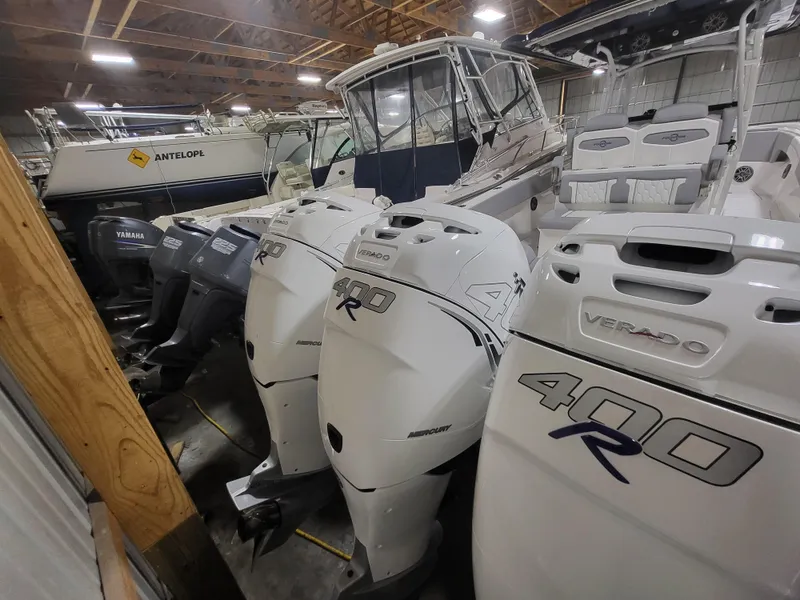 Slide: The Image of 2022 Fountain 38 SC boats with powerful Verado 400R engines in storage. - 4