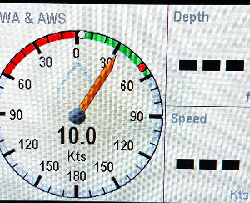Slide: The Image of Nautor Swan 391, 1984: Sailing instrument panel showing 10 knots speed. - 28