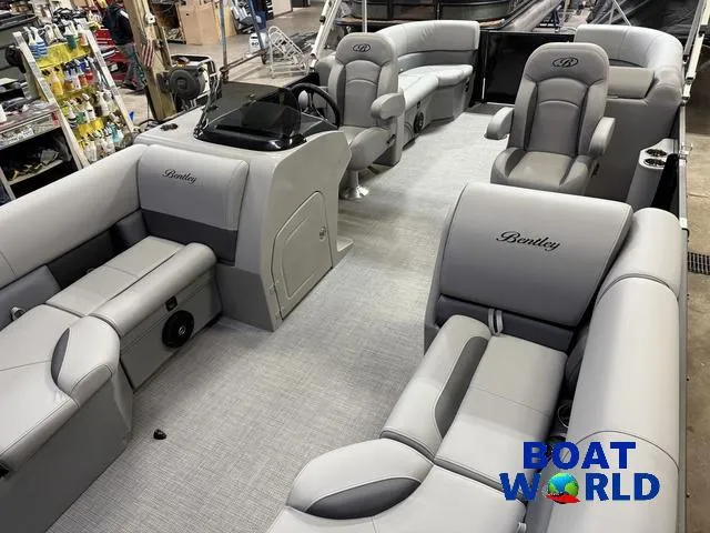 Slide: The Image of 2025 Bentley Pontoons Legacy 200 Navigator Quad Lounge interior with Honda 4-Stroke engine. - 29