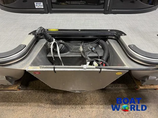 Slide: The Image of 2025 Bentley Pontoons Legacy 200 Navigator Quad Lounge fuel compartment with Honda 4-Stroke engine components. - 39