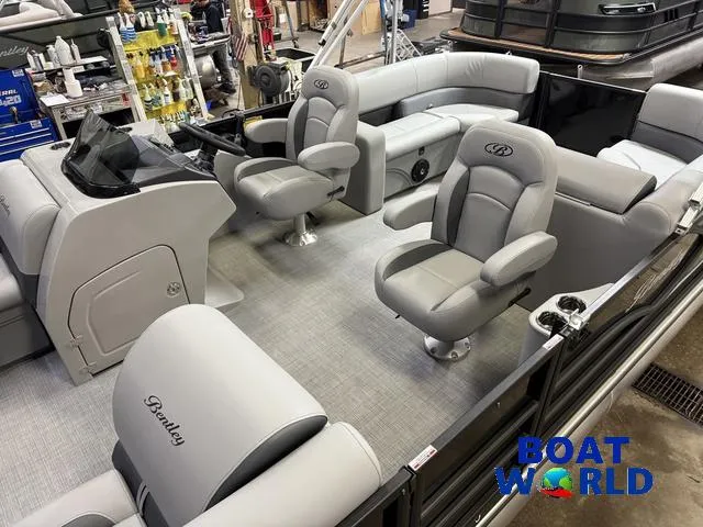 Slide: The Image of 2025 Bentley Pontoons Legacy 200 Navigator Quad Lounge interior with Honda 4-Stroke engine. - 4