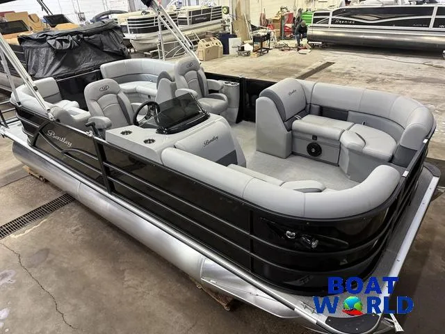 Slide: The Image of 2025 Bentley Pontoons Legacy 200 Navigator Quad Lounge with Honda 4-Stroke engine in showroom. - 44