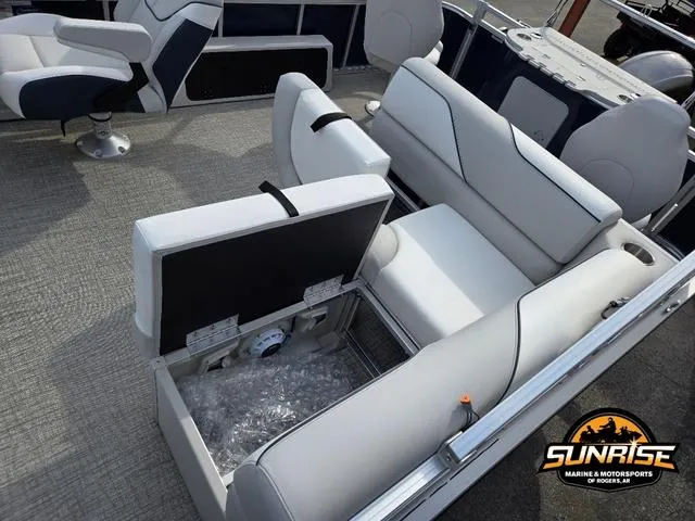 Slide: The Image of 2025 Avalon 21' Venture 85 Platinum Rear Fish boat interior with seating and storage. - 18