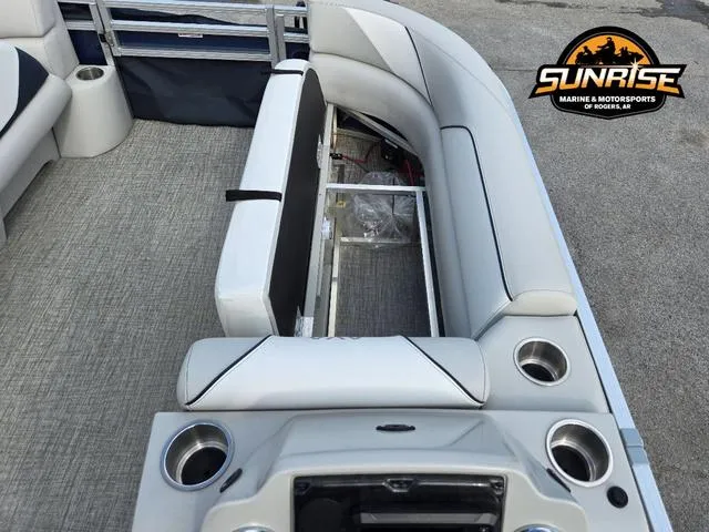 Slide: The Image of 2025 Avalon 21' Venture 85 Platinum Rear Fish boat interior with seating and cup holders. - 19