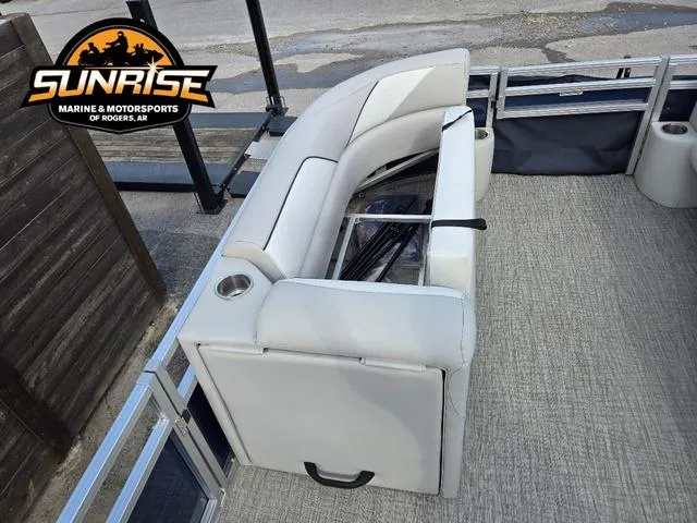 Slide: The Image of 2025 Avalon 21' Venture 85 Platinum Rear Fish boat interior with seating and storage. - 20