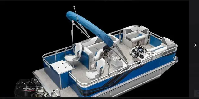 Slide: The Image of 2025 Avalon 21' Venture 85 Platinum Rear Fish boat, blue exterior, spacious seating, modern design. - 28