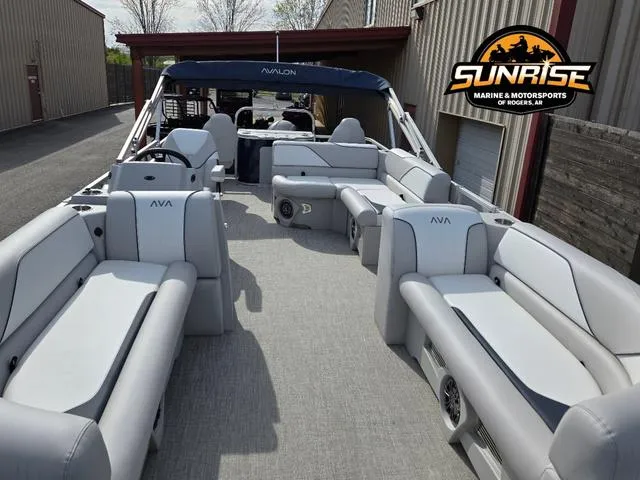 Slide: The Image of 2025 Avalon 21' Venture 85 Platinum Rear Fish boat with spacious seating, displayed at Sunrise Marine. - 3