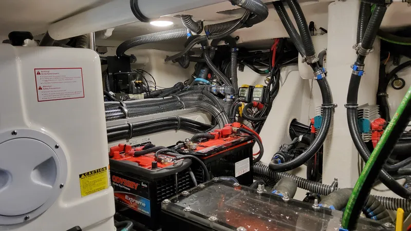 Slide: The Image of Engine room of 2025 Formula 387 Center Console Fish with complex wiring and battery systems. - 32